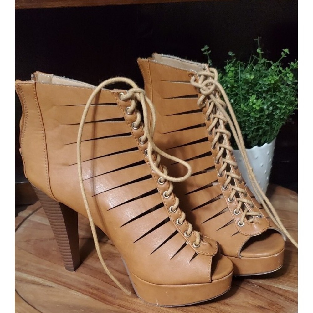 Top Moda Table 7.5 Peep Toe High Heel Lace Up Strappy Pumps